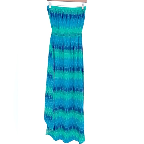 Dora Landa Silk Green and Blue Strapless Maxi Dress - Picture 1 of 9
